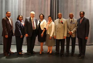Speakers at the Sept. 25 Hinds Community College Utica Campus ceremony to rename two buildings include, from left, Elder Kenneth M. Thrasher, Utica Campus alumnus; Beverly Trimble, coordinator of Workforce Investment Act; Hinds President Dr. Clyde Muse, Utica and Vicksburg-Warren Campus Vice President Dr. Debra Mays-Jackson; Dr. Clara Lee, daughter of Louis Lee; Dr. Bobby Cooper, Jubilee Singers director and honoree; Bolton Mayor Lawrence Butler and Hinds Board of Trustees President Robert Pickett.
