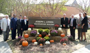 Speakers at the Sept. 30 building dedication at Hinds Community College’s Vicksburg-Warren Campus included, from left, Hinds President Dr. Clyde Muse; Board of Trustees President Robert Pickett; Chad Shealy, superintendent of the Vicksburg Warren school district; Joe Loviza, retired dean of the campus; Charles Peets, chairman of the Vicksburg-Warren Campus Advisory Board; Marvin Moak, current dean of the campus; welding instructor Joe Johnston and Dr. Debra Mays-Jackson, vice president of the Utica and Vicksburg-Warren campuses.