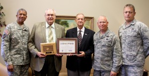 From left are Major General Augustus L. Collins, Adjutant General of Mississippi, Hinds President Dr. Clyde Muse, Jack Wallace, chair of the Mississippi Committee for Employer Support of the Guard and Reserve; Maj. Gen. William C. Crisler Jr., assistant adjutant general for the Air National Guard and Colonel Harold Mashburn, 172d Airlift Wing Mission Support Group commander.
