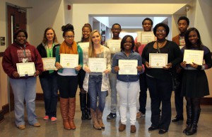 Those honored for highest average include, front from left, Jasmine Johnson of Jackson, intermediate English; Chelsea Berry of Vicksburg, essential college skills; Jaylan Garrett of Byram, beginning algebra and essential college skills; Kimberly Stevens of Jackson, essential college skills; Kenya Johnson of Jackson, intermediate English; back row, Angila Bradfield of Jackson, beginning algebra; Vanessa Ratliff of Edwards, beginning algebra and intermediate algebra, English Composition I, life skills; India Landing of Clinton, intermediate English, advanced reading, career exploration; Jaylyn Walker of Terry, intermediate English; Charvarius Ward of McComb, English Composition I, intermediate algebra, college algebra and advanced reading; Gabriel Giles of Jackson, intermediate algebra. Ratliff and Landing also won awards for best research papers in the essential college skills class.