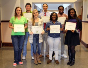 Those honored for perfect attendance include, front from left, Vanessa Ratliff of Edwards, Chelsea Berry of Vicksburg, Jaylan Garett of Byram, Kenya Johnson of Jackson; back, Austin Masterson of Raymond, Tyler Jones of Jackson and Tony Washington of Picayune.