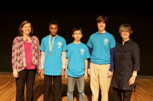 Hinds Community College hosted the Mississippi Geographic Bee on March 27. Pictured are Chelsea Zillmer, associate director for the National Geographic Bee, left; Ian Espy, Edmund Doerksen, Edwin Griffis and Ginger Manchester, Hinds Community College coordinator of the state bee.