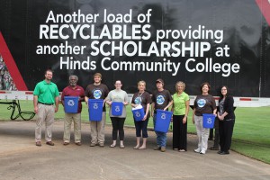 As part of the first-ever Earth Day Celebration on the Rankin Campus, students and faculty highlighted the benefits of recycling and the fact that monies earned from recycling fund student scholarships. Participants included, from left, Jason Pope, director of Sustainability; Leon Jackson, recyclenator; student Zack Gray of Pelahatchie; student Amber Capps-Podemski of Jackson; Joy Rhoads, geography and history instructor and Phi Theta Kappa adviser; student James Weathersby of Mendenhall; Mindy Stevens, Sustainability Projects coordinator; Judy Isonhood, Phi Theta Kappa Faculty adviser and Elizabeth Price, administrative assistant.