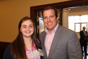 Hinds Community College student Nicole Rigsby of Brandon, left, Sen. Josh Harkins of Flowood